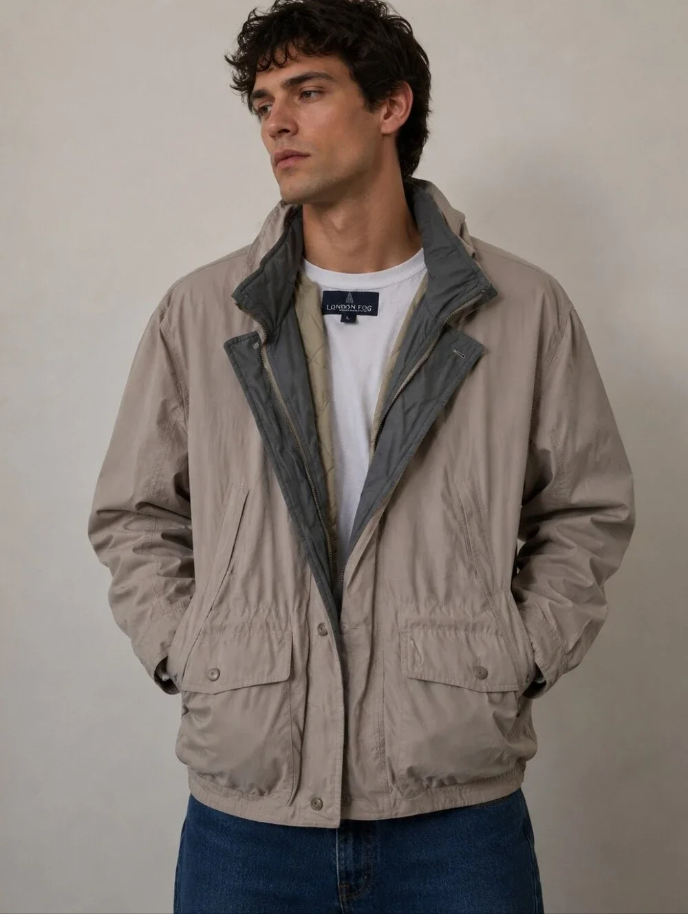London Fog Size L Men's Beige and Gray Jacket Hood Folds into Collar